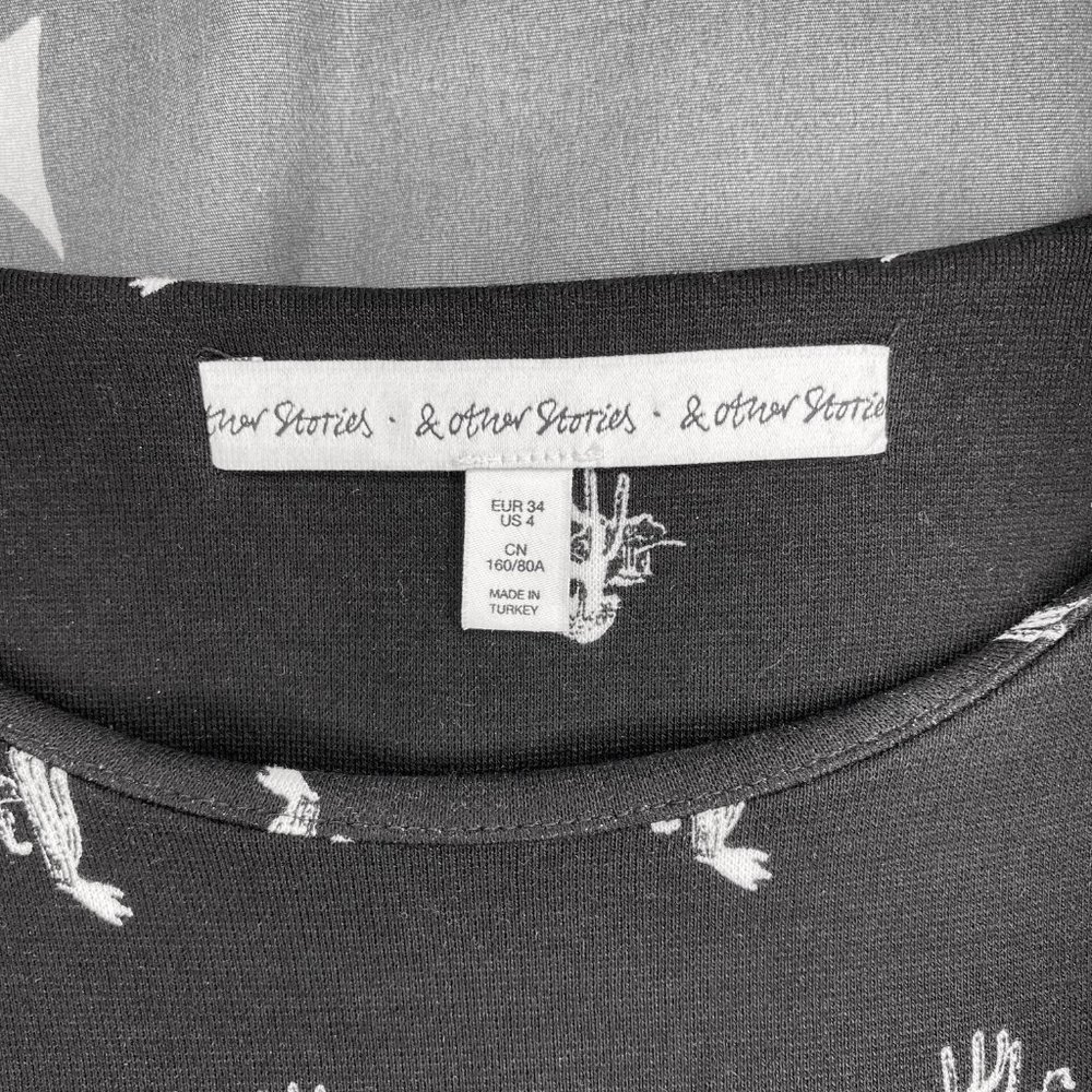 & Other Stories Black White Shift Mini Long Sleeve Dress Cactus Print 4 - Picture 3 of 15